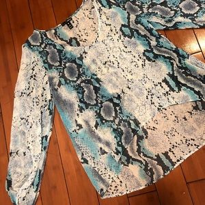 Aqua: Long Sleeve Blue Snakeskin Blouse